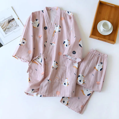 New Japanese-Style Kimono Couple Pajamas with Cute Kittens
