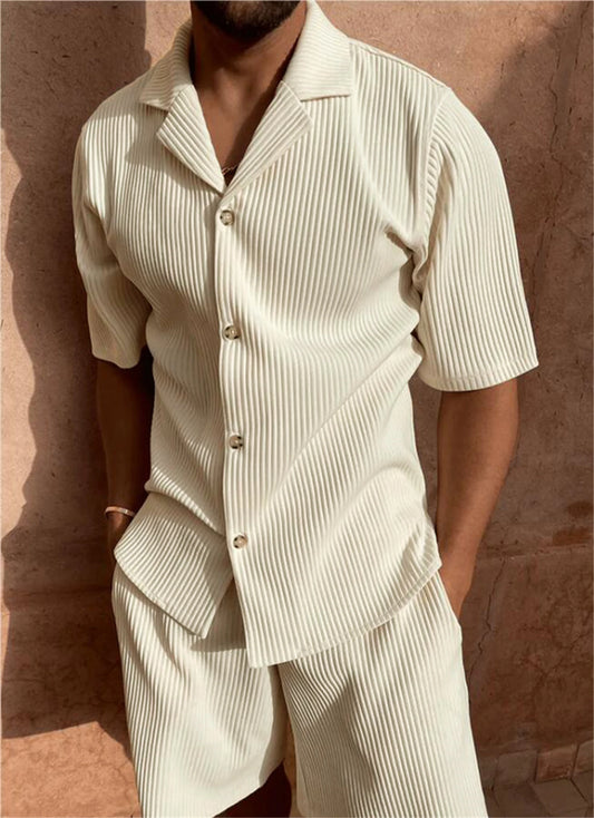Men's Corduroy Short Sleeve Shirt & Shorts Set – Casual Summer Beach Outfit