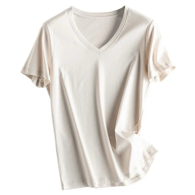 Soft Mulberry Silk Cotton T-Shirt for Women – Loose Fit, Round Neck, Short Sleeve, High-Quality Summer Top
