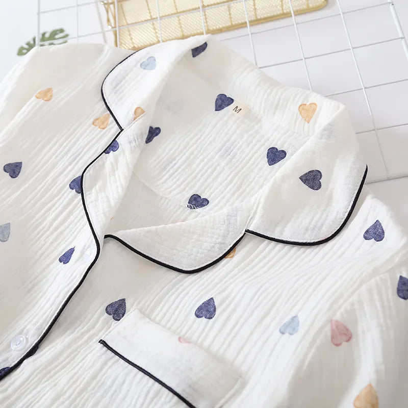 Japanese Summer Cotton Gauze Heart-Shaped Pajamas Suit