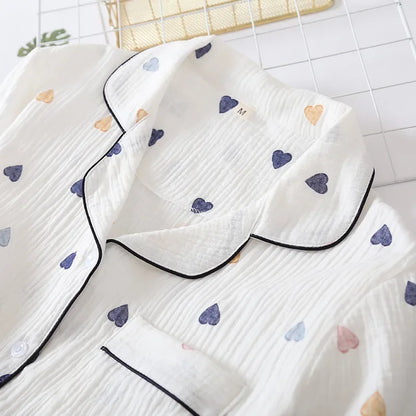Japanese Summer Cotton Gauze Heart-Shaped Pajamas Suit
