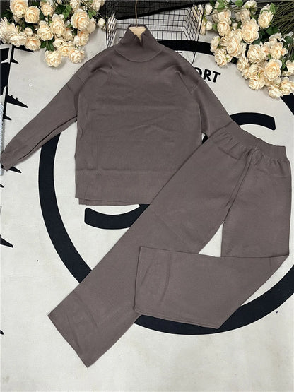 Cozy Autumn & Winter 2-Piece Knitted Tracksuit Set for Women – Turtleneck Sweater & Straight-Leg Joggers