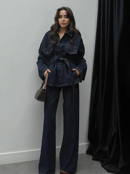 Women's Street Style Denim Jacket and Pants Set – Belted Spliced Lapel Jacket and High-Waisted Straight Pants (Spring 2025)