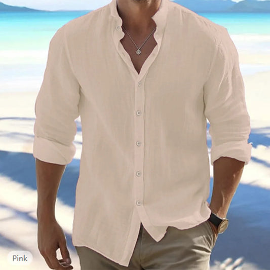 Men’s Cotton Linen Long-Sleeve Shirt – Casual Summer Beachwear, Stand Collar, Plus Size