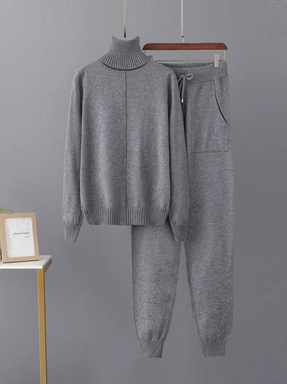 Women's Candy Color Knitted 2-Piece Set – Turtleneck Pullover Sweater and High-Waisted Harem Pants (Multiple Colors)
