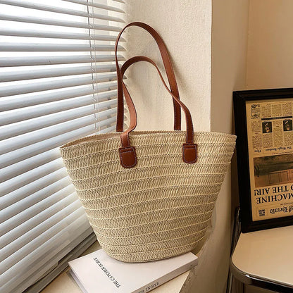 Large Capacity Straw Shoulder Tote – Luxury Beach Bag, Summer Woven Handbag