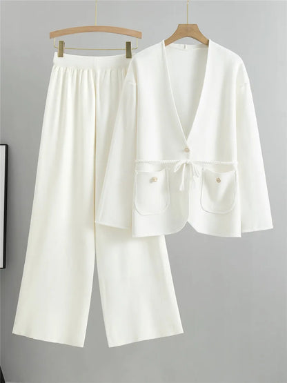 Women's Elegant Knitted 2-Piece Set – V-Neck Belted Cardigan and High-Waisted Sweatpants for Spring & Fall