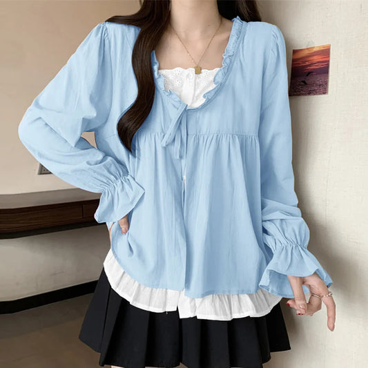 VONDA Women Patchwork Tops Bohemian Ruffled Blouse 2025 Summer Solid Color Shirts Holiday Flare Sleeve Blusas Oversize Fake 2pcs