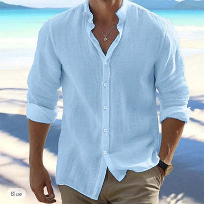 Men’s Cotton Linen Long-Sleeve Shirt – Casual Summer Beachwear, Stand Collar, Plus Size