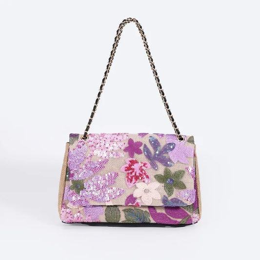 Women’s Large Capacity Cotton Messenger Bag – Sequins Woven Chain Strap Shoulder Bag
