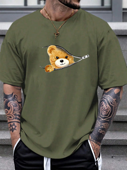 100% Cotton Men's Summer Casual Bear Pattern T-Shirt