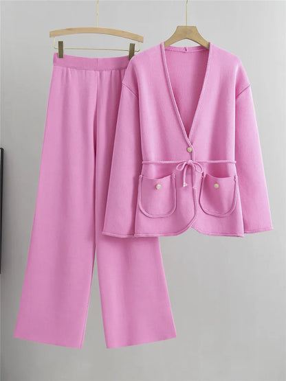 Women's Elegant Knitted 2-Piece Set – V-Neck Belted Cardigan and High-Waisted Sweatpants for Spring & Fall