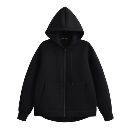 TRAFZA Women’s Autumn Gray Hooded Jacket – Zipper Coat with Big Pockets and Long Sleeves (Loose Fit)