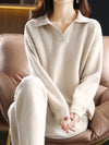 Women's Casual Knitted 2-Piece Set – Korean Polo Neck Sweater and High-Waisted Ankle-Length Harem Pants