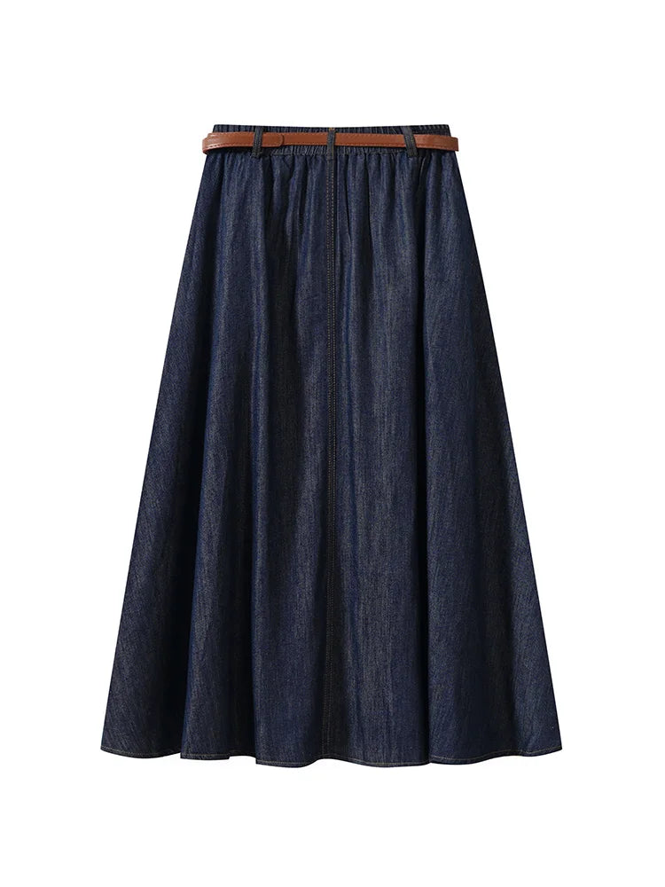 FIGOHR Women's Vintage Denim Midi Skirt with Free Belt