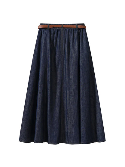 FIGOHR Women's Vintage Denim Midi Skirt with Free Belt