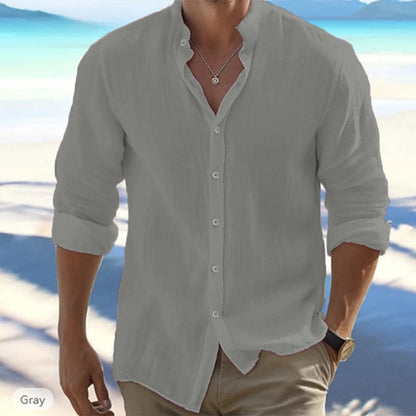 Men’s Cotton Linen Long-Sleeve Shirt – Casual Summer Beachwear, Stand Collar, Plus Size