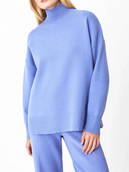 Cozy Autumn & Winter 2-Piece Knitted Tracksuit Set for Women – Turtleneck Sweater & Straight-Leg Joggers