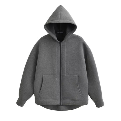 TRAFZA Women’s Autumn Gray Hooded Jacket – Zipper Coat with Big Pockets and Long Sleeves (Loose Fit)