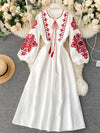 Women's Bohemian Embroidered Floral Dress – Autumn High Waist Pleated O-Neck Lantern Sleeve Vestidos