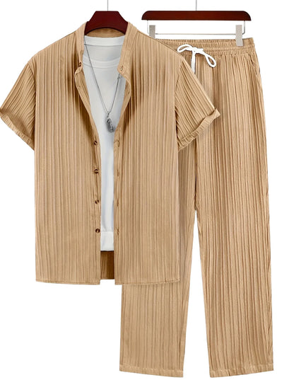 Trendy Texture Wave Stripe Short Sleeved Casual Suit