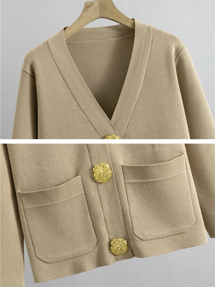 Women's Elegant Knitted 2-Piece Set – Korean Style Cardigan Sweater and High-Waisted Wide-Leg Pants Outfit