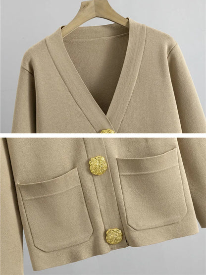 Women's Elegant Knitted 2-Piece Set – Korean Style Cardigan Sweater and High-Waisted Wide-Leg Pants Outfit