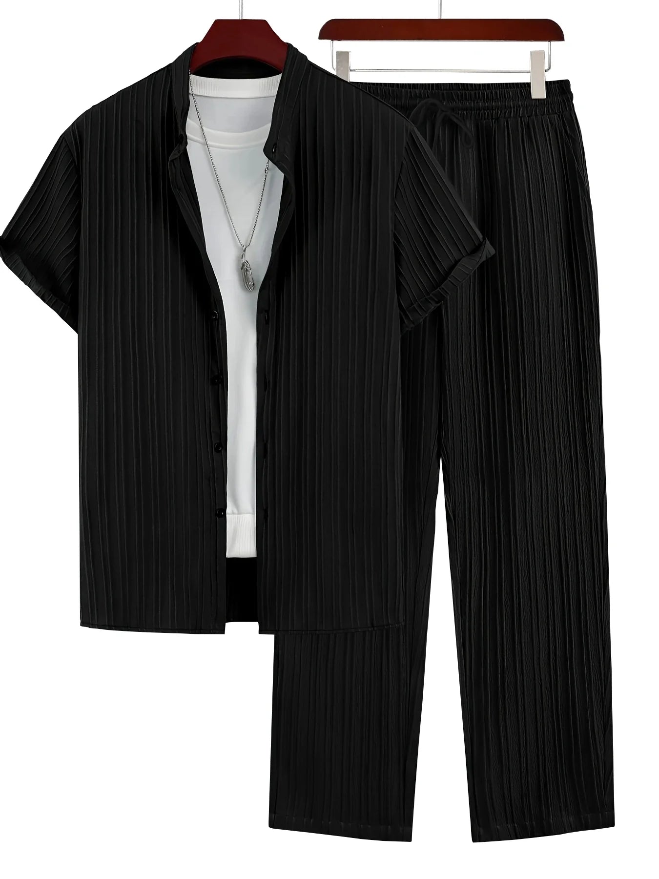 Trendy Texture Wave Stripe Short Sleeved Casual Suit