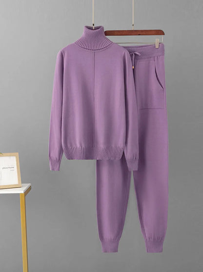 Women's Candy Color Knitted 2-Piece Set – Turtleneck Pullover Sweater and High-Waisted Harem Pants (Multiple Colors)