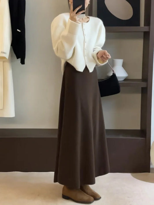 Women's Korean Pure Wool Big Swing Skirt – 2024 High-Quality Long Flowy Skirt