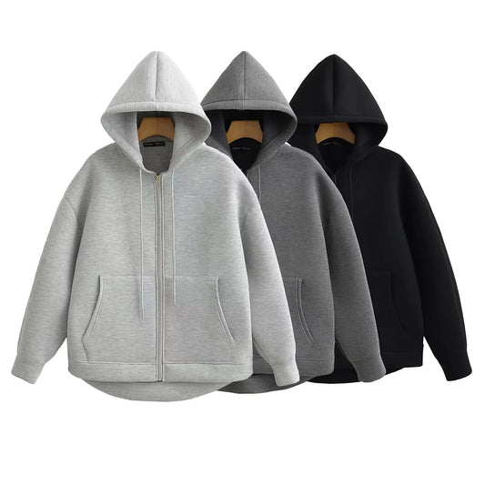 TRAFZA Women’s Autumn Gray Hooded Jacket – Zipper Coat with Big Pockets and Long Sleeves (Loose Fit)