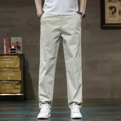 Summer Thin Ice Silk Casual Pants for Men in Solid Color Loose Straight Fashionable Light Business Casual Long Trousers Male