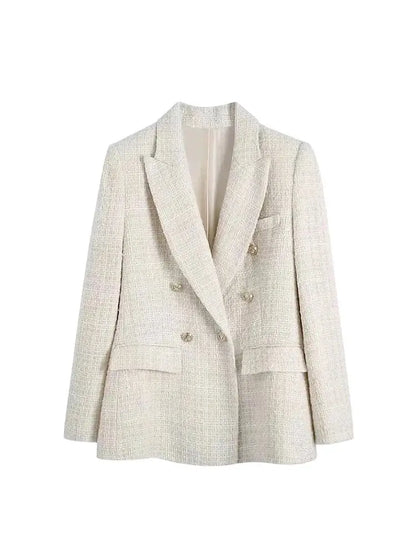 TRZA Women Fashion Tweed Double Breasted Blazer Coat Chic Style