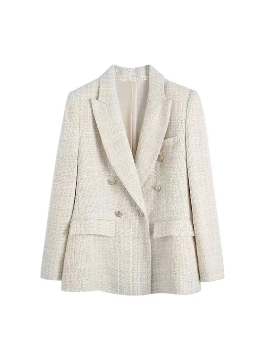 TRZA Women Fashion Tweed Double Breasted Blazer Coat Chic Style