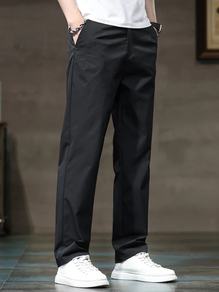 Summer Thin Ice Silk Casual Pants for Men in Solid Color Loose Straight Fashionable Light Business Casual Long Trousers Male