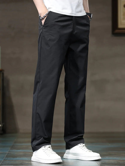 Summer Thin Ice Silk Casual Pants for Men in Solid Color Loose Straight Fashionable Light Business Casual Long Trousers Male