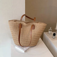 Large Capacity Straw Shoulder Tote – Luxury Beach Bag, Summer Woven Handbag