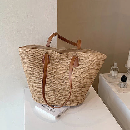 Large Capacity Straw Shoulder Tote – Luxury Beach Bag, Summer Woven Handbag