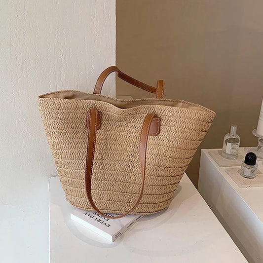Large Capacity Straw Shoulder Tote – Luxury Beach Bag, Summer Woven Handbag