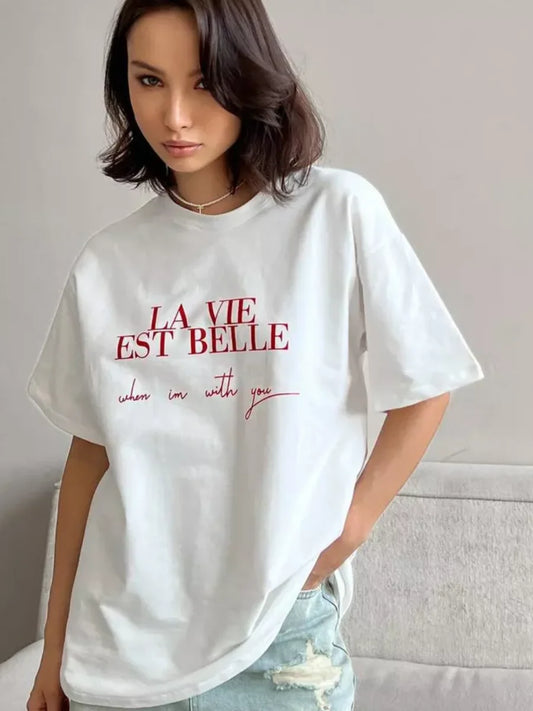 Versatile Summer American Ins Printed Cotton T-shirt for Women