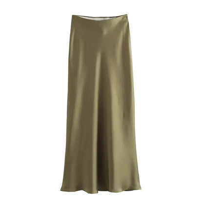 Elegant TRAF Woman 2024 Satin High Waist Midi Skirt