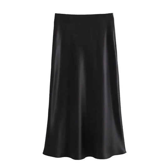 Elegant TRAF Woman 2024 Satin High Waist Midi Skirt