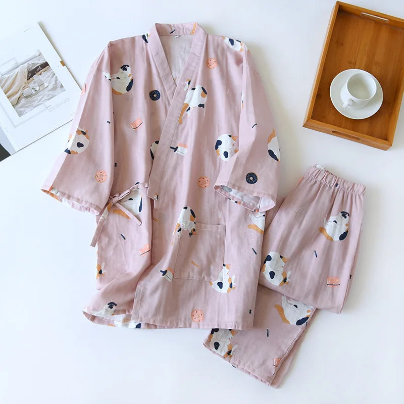 New Japanese-Style Kimono Couple Pajamas with Cute Kittens
