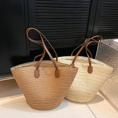 Large Capacity Straw Shoulder Tote – Luxury Beach Bag, Summer Woven Handbag