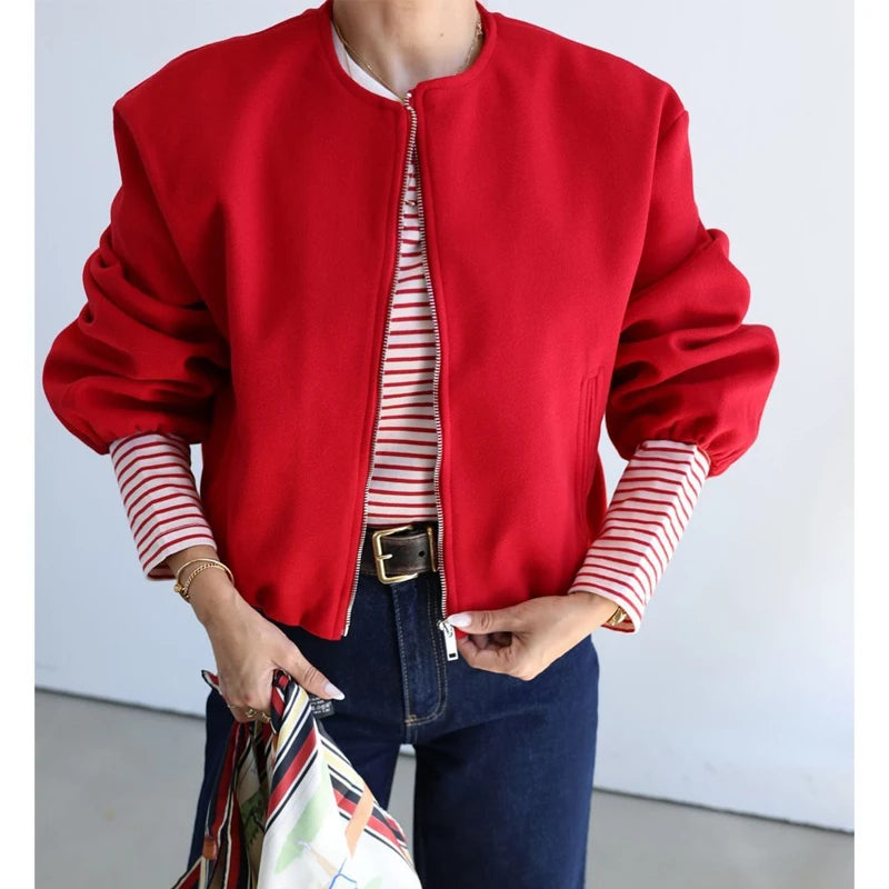 TRAF Women's Zipper Bomber Jacket – Soft Cropped Sports Jacket with Long Sleeves (2024)