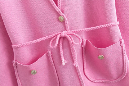 Women's Elegant Knitted 2-Piece Set – V-Neck Belted Cardigan and High-Waisted Sweatpants for Spring & Fall
