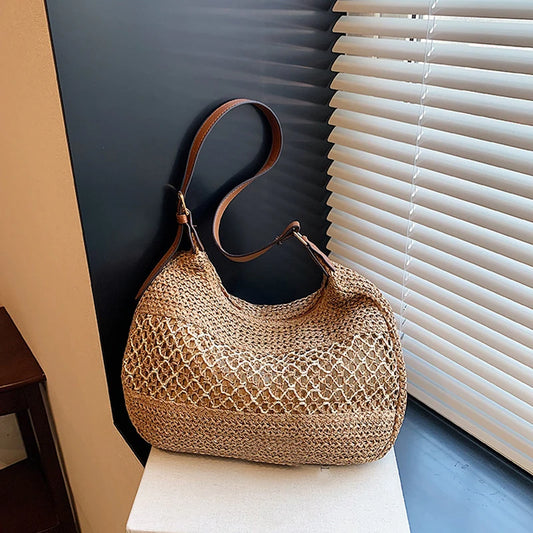 Handmade Summer Straw Shoulder Bag – Large Capacity Crochet Beach Tote for Women