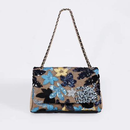 Women’s Large Capacity Cotton Messenger Bag – Sequins Woven Chain Strap Shoulder Bag