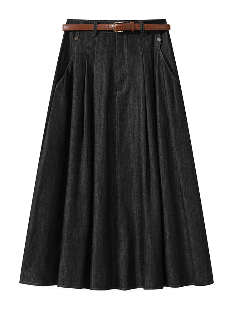 FIGOHR Women's Vintage Denim Midi Skirt with Free Belt