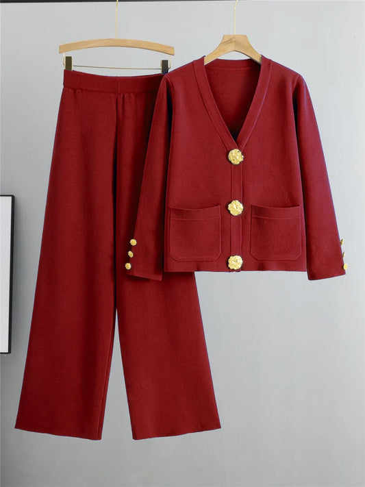 Women's Elegant Knitted 2-Piece Set – Korean Style Cardigan Sweater and High-Waisted Wide-Leg Pants Outfit